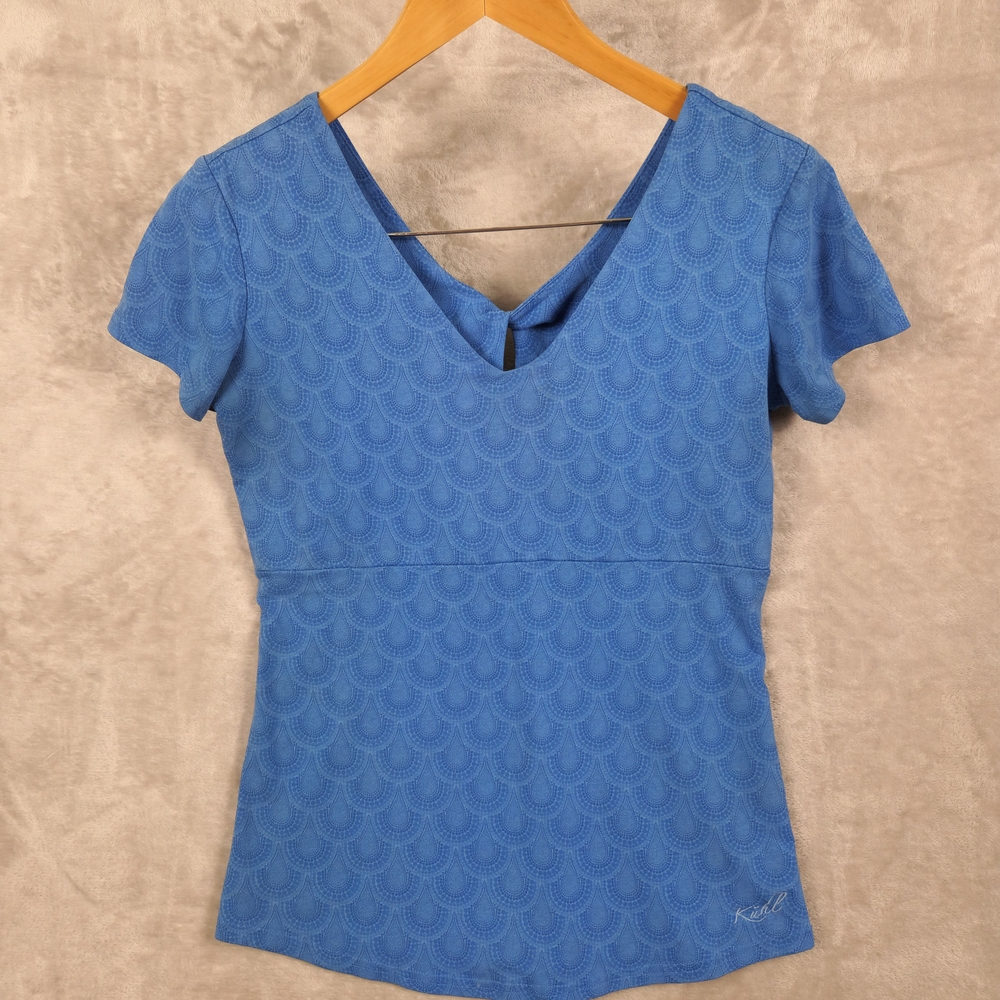 Kuhl Top Size S Blue Patterned Womens Short Sleeve V Neck Keyhole Back Sporty
